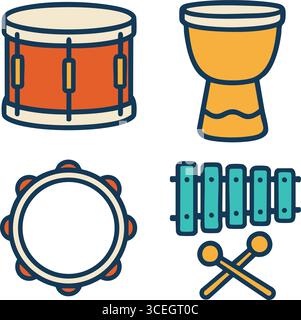 Flat music icons showing a side drum a goblet drum a ring tambourine melodic bars with mallets and a hanging gong. Stock Vector