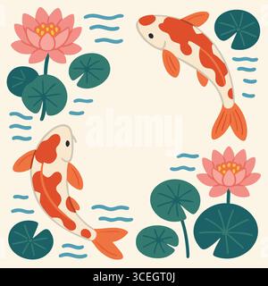 Water garden themed frame showing swimming koi lotus blossoms and round pads around the edges. Stock Vector