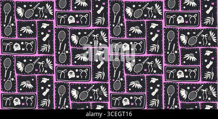 Dark seamless pattern of girly tennis. Rackets, balls with bows and flowers endless background. Surface pattern entertainment motif. Vector hand drawn Stock Vector