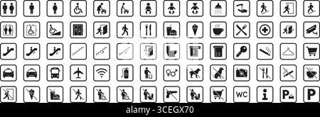 Public Facility And Service Icons Solid Icon Set. Comprehensive Collection Of Symbols For Accessibility, Transportation, Dining and Safety Silhouette Stock Vector