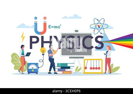 Physics scene with physics elements. Students explore electricity, magnetism, light wave and forces. Stock Vector