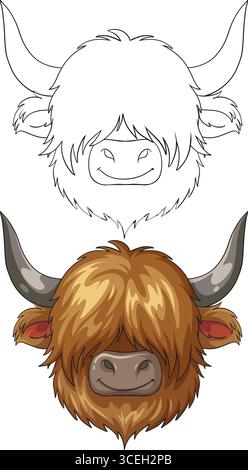 Front-facing Highland cow head in cartoon style, shown in both full color and black outline versions. Clean lines, soft shading, and white background Stock Vector
