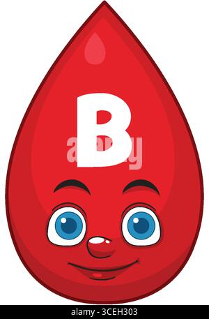 Vector illustration of a cheerful red blood drop cartoon with large blue eyes and a bold white B, flat style, isolated on white Stock Vector