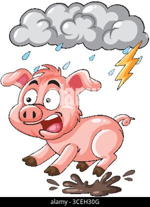A frightened cartoon pig runs through mud under a stormy sky with lightning and rain Stock Vector