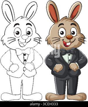 Vector illustration of a cheerful cartoon rabbit wearing a tuxedo, shown in both black-and-white outline and fully colored styles, flat design Stock Vector
