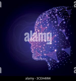 Digital technology face artificial intelligence concept design Particles glowing dots abstract background. Neon circle splash design. Virtual futurist Stock Vector