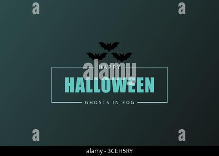 Happy Halloween Banner with Flying Bat Silhouette on Dark Teal Background Stock Vector