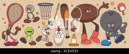 Groovy sport character set with retro mascots - smiling tennis racket, basketball hoop, golf balls, baseball bat, football with arms and bowling in vintage cartoon style for fun sports illustrations. Stock Vector