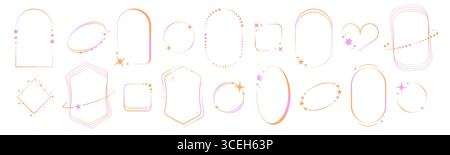 Holographic gradient border frames with blur effect - color shapes in pink, orange and purple colors. Dreamy oval, shield and rectangular cutouts with cosmic sparkles for y2k aesthetic design elements Stock Vector