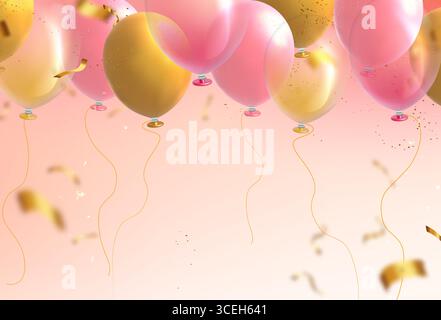 Pink and yellow balloons floating with golden strings and confetti on pastel gradient background - shiny realistic party decorations with glitter. Birthday celebration or festive event greeting card Stock Vector