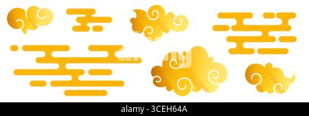 Golden cloud collection with swirling chinese patterns and japan style elements for oriental design - decorative sky shapes with curved lines, gradient yellow forms and eastern mystical atmosphere Stock Vector
