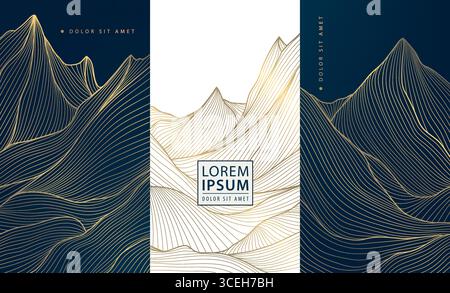 Vector set of japanese golden line on black and white mountain cards, rocks pattern, elegant label illustration, wine package, luxury landscapes. Stock Vector
