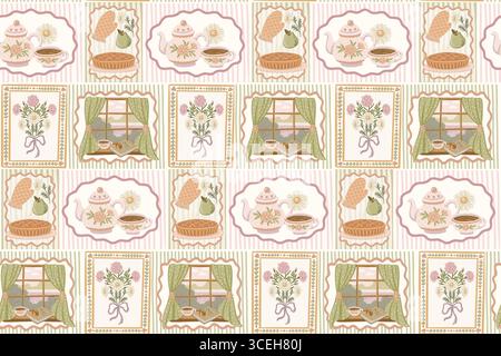 Seamless pattern of retro home picture scene with bouquet and window on striped background. Hand drawn coquette poster. Great for kitchen textile and Stock Vector
