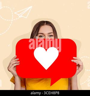 composite collage. Like concept. Young woman holding a poster with a like isolated over beige background Stock Photo
