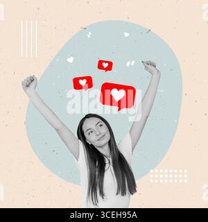 composite creative collage. Young woman holding hands up with likes above her head Stock Photo