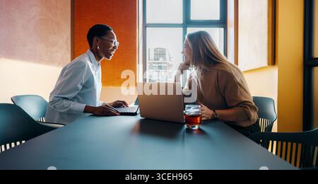Two women at a modern office collaborating on a project, sharing ideas over laptops. The setting is professional and bright, showcasing teamwork and e Stock Photo