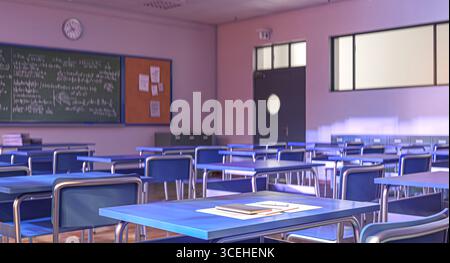 Empty classroom with desks and chalkboard 3d Stock Photo