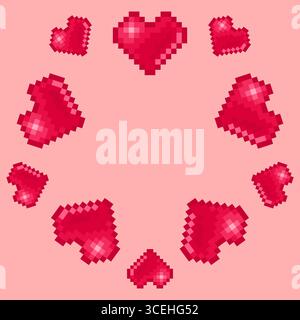 Pink Pixel Hearts in Circular Frame on Pink Background Stock Vector