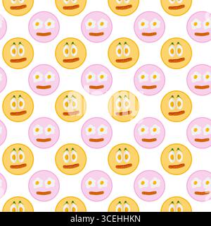 Fried and Hard Boiled Eggs Sausage on Plate like Cute Smile Face Seamless Pattern Breakfast Backdrop. Isolated Vector illustration Food Thematic Motivation or Menu Cards Banner, leaflet, label, poster Stock Vector