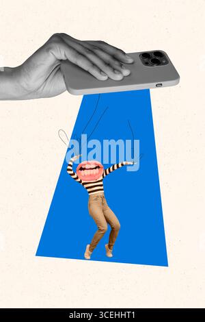 Composite 3D photo collage trend sketch of fake information control manipulation hand hold smartphone young lady mouth head body moving Stock Photo