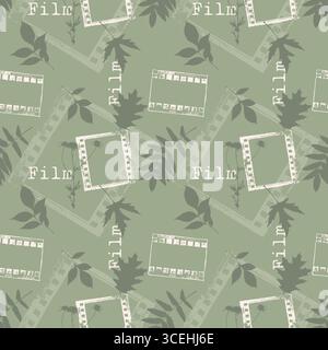 Vintage grunge pattern with green prints of falling leaves and frames from film. Autumn dreamy mood to watch movies and TV series. Vector illustration Stock Vector