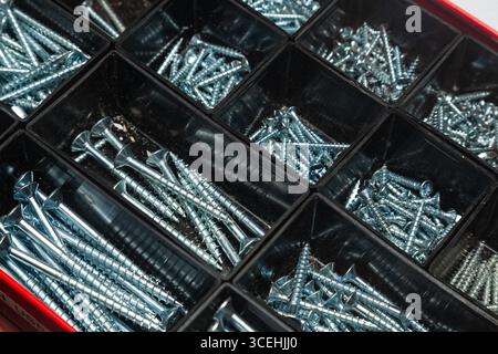 A box of new steel screws of various sizes placed in plastic cells. Stock Photo