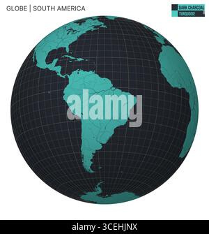 Vector globe centered on South America. Dark charcoal turquoise palette. World map with meridians, parallels, countries, rivers, and lakes. Stock Vector