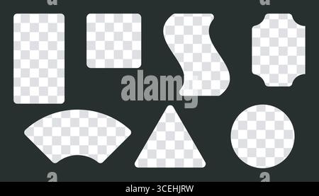 Checkered background frame set. Square boarder, circle, triangle, rectangle geometric isolated shape. Grey, white colour, modern graphic corner, flat Stock Vector