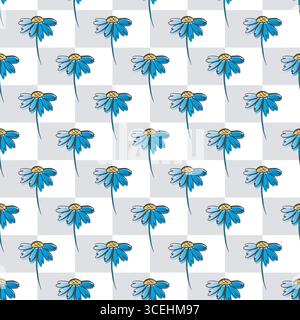 Checkered board, sketch hand drawn line camomile flower abstract seamless pattern. Classical geometrical grid design. Grey white colour palette Stock Vector