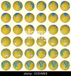 Collection of earth globes. Normal sphere view. Rotation step 10 degrees. Colored countries style. Stock Vector
