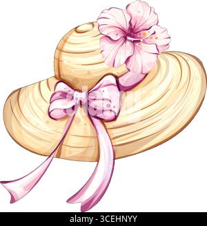 Stylish summer straw hat adorned with a pink bow and a delicate flower, perfect for beach vacations and festive outdoor gatherings during warm sunny Stock Vector