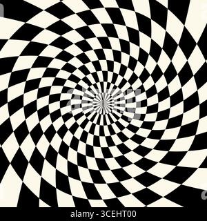 Hypnotic geometric background with concentric spiral checkerboard design. Black and white squares creating a bold optical illusion effect , modern gro Stock Vector