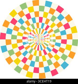 Colorful checkered pattern, radial design, Psychedelic retro abstract backgrounds 70s style, Stock Vector