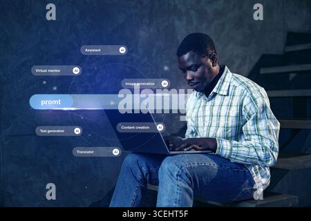 Young man engages with advanced technology to generate content at an urban location during evening hours Stock Photo