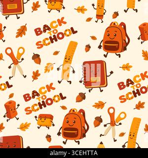 Seamless autumn school supplies pattern with back to school lettering Stock Vector