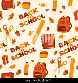 Seamless autumn school supplies pattern with back to school lettering Stock Vector