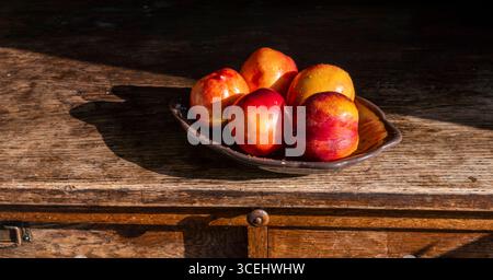 Five ripe nectarines glistening with water droplets rest in a ceramic dish on a weathered wooden table, illuminated by warm natural light for a stunni Stock Photo
