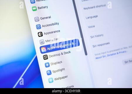 Poznan, Poland - August 15, 2025: Apple Intelligence option selected in macOS 26 system preferences, showcasing future technological advancements on a Stock Photo