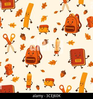 Seamless autumn school supplies pattern with stationery and leaves Stock Vector