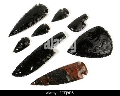 Stone Age Obsidian Blades isolated on white Background Stock Photo