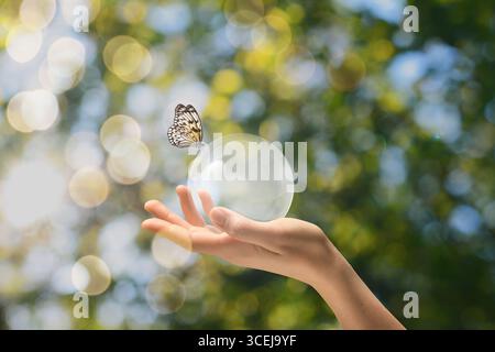 Butterfly sitting on crystal globe in woman's hand against blurred green background, closeup Stock Photo