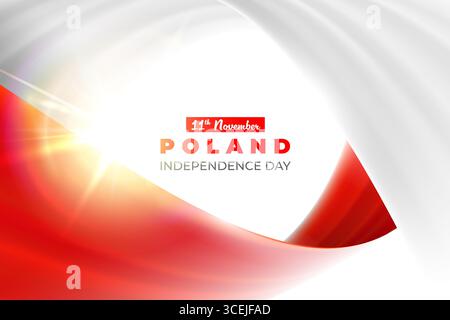Poland flag theme red white wavy ribbon flow design on white background. 11 november Poland Independence Day text, color line flyng effect abstract Stock Vector