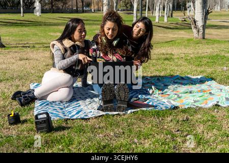 Three students collaborating on a laptop in a sunny park, enjoying fresh air and teamwork Stock Photo