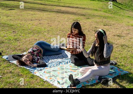Three young women enjoying leisure time outdoors, engaged in various relaxing activities Stock Photo