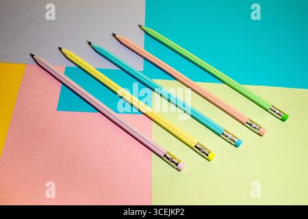Colorful graphite pencils on a surface in different colors. Back to school. Stock Photo