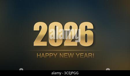 Gold 2026 Happy New Year Number Typography Design on black background. 2026 Happy New Year Background Design. Stock Vector