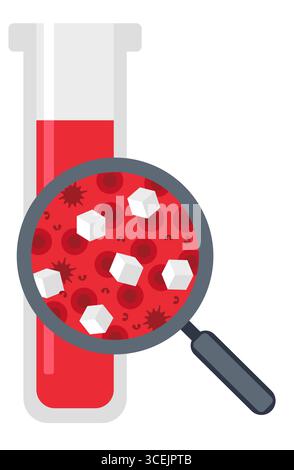 Blood sugar test. Hematology concept with red blood cell in test tube and magnifying glass, vector illustration in flat style Stock Vector