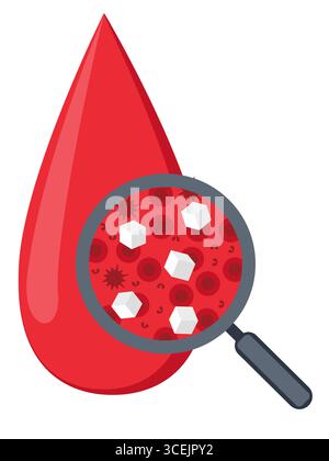 Blood sugar test. Hematology concept with red blood cell and magnifying glass, vector illustration in flat style Stock Vector