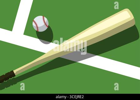 Baseball bat and ball lies on baseball court, view from above, sport poster, vector Stock Vector