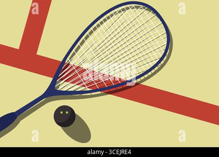 Squash racket and ball lies on squash court, view from above, sport poster, vector Stock Vector